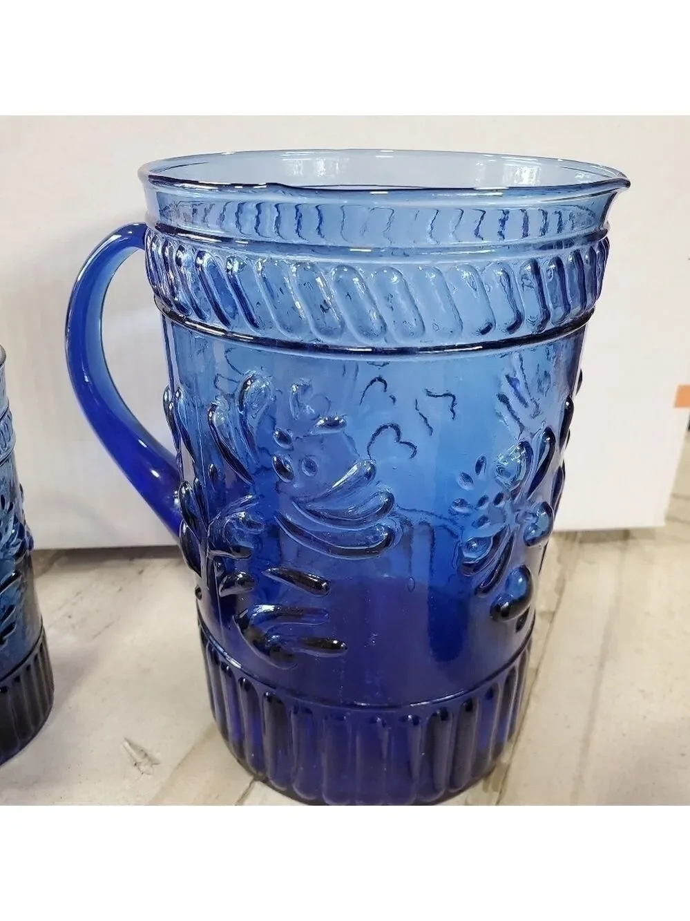 Vintage 4pc cobalt blue glass Pitcher & 3 glasses set floral leaf patterned